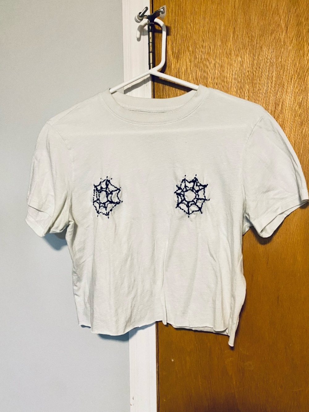 Halloween Cropped White T-Shirt Hand Embroidered by Kelstitch